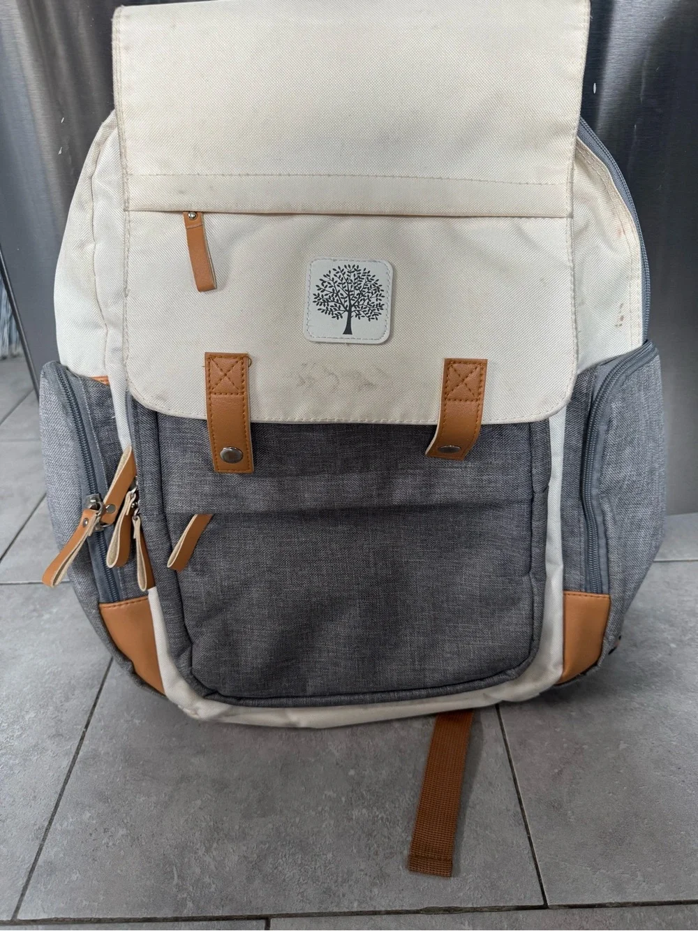 Neutral Two-Tone Baby Diaper Backpack with Tree Logo